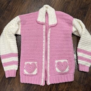 Vtg Cardigan Sweater Hand Made Knit Crochet Grannycore Homemade‎ Medium